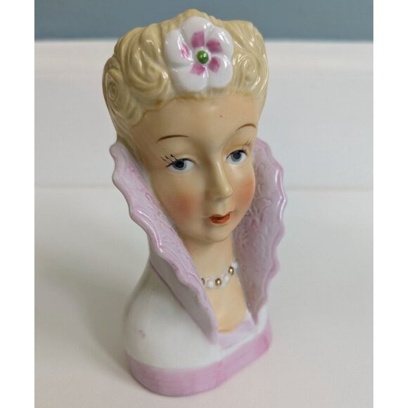 Unmarked Other - 1950's Vintage Lady Head Vase Blonde Hair Pink Collar 6" Tall